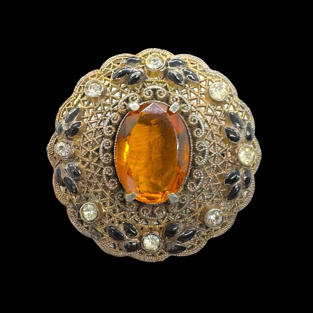 Vintage Czech Topaz Clear Paste & Enamel Filigree Brooch - Picture 5 of 5